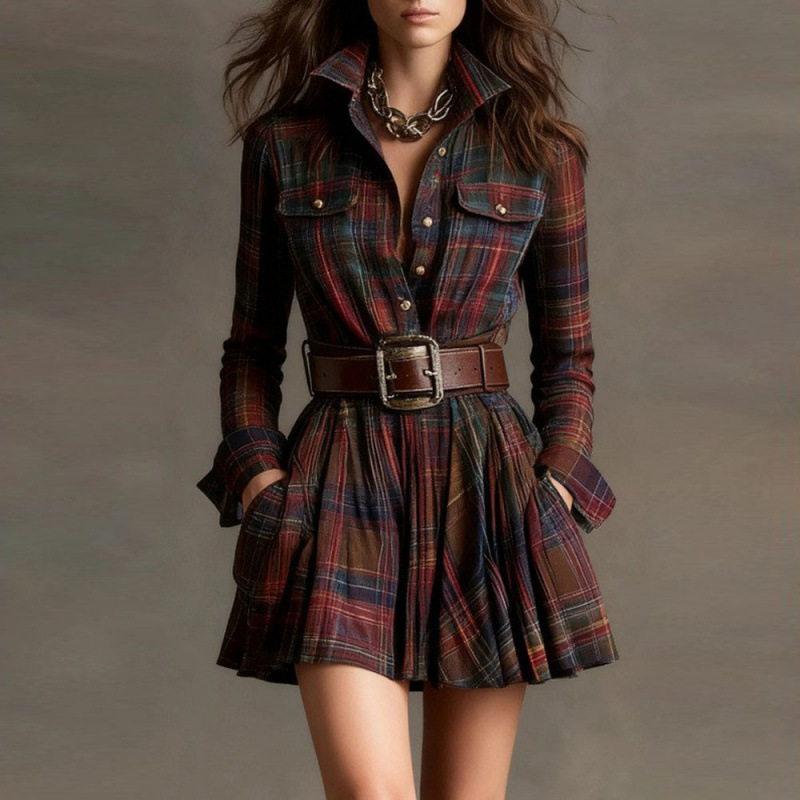 Women's Printed Shirt Dress with Pockets and Waist Tie