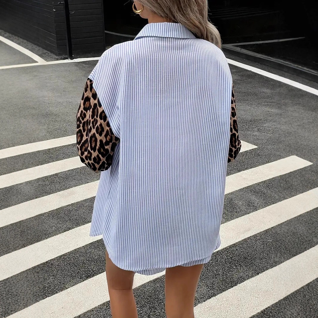 Women's Striped Patchwork Shirt and Shorts Two-Piece Set