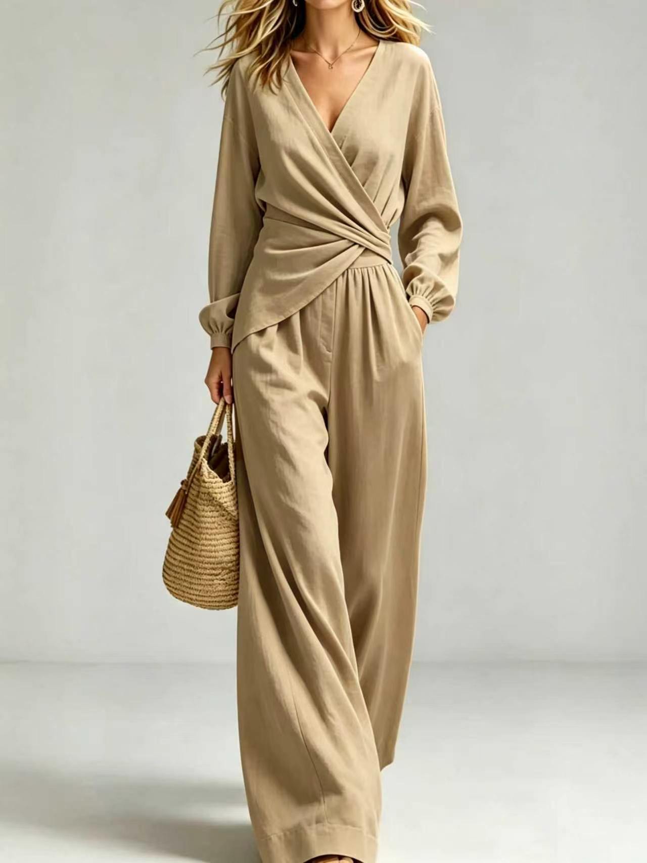 Women's Puff Sleeve Slimming Two-Piece Pant Set