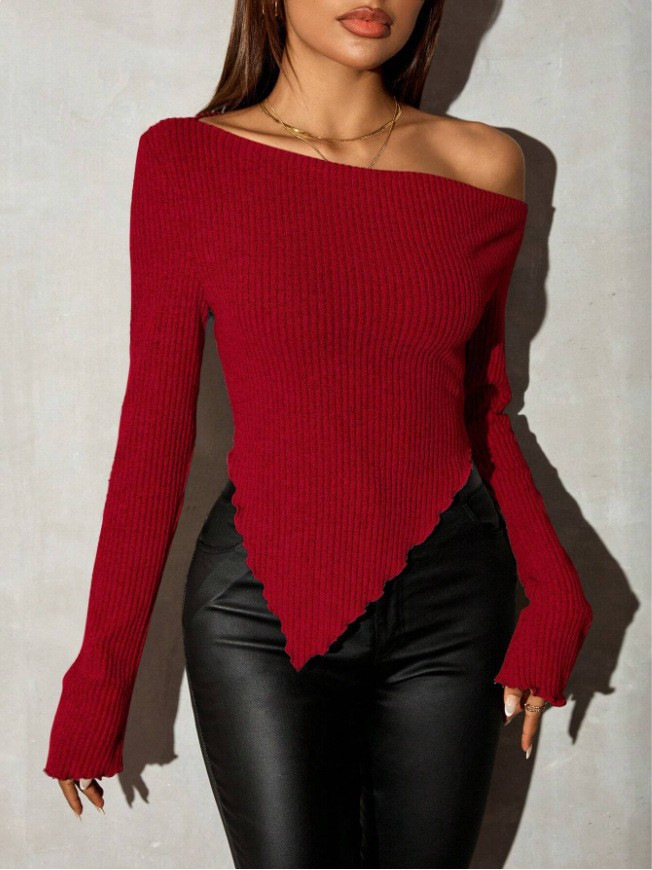 Women's Off-Shoulder Slim Fit Long Sleeve Knit Top