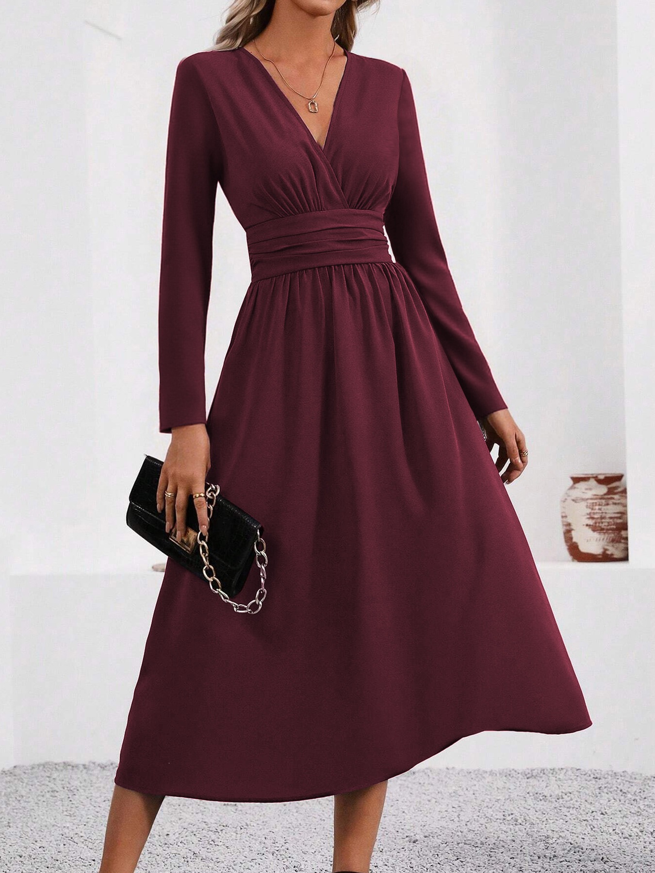 Women's Solid Overlap V-Neck Long Sleeve Ruched Waist Long Dress