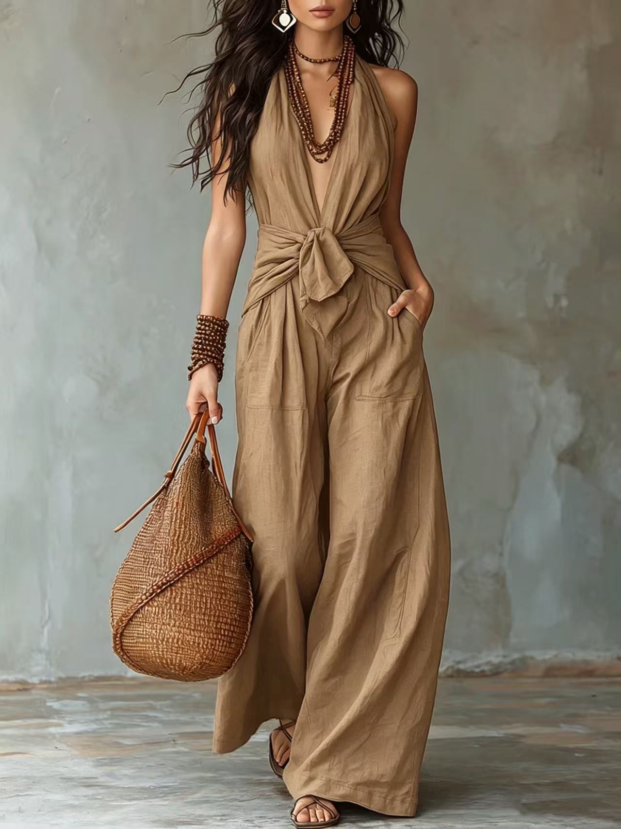 Sleeveless Halter Tie-Waist Wide-Leg Jumpsuit