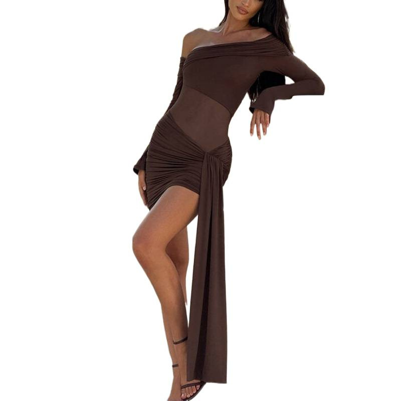 Elegant One-Shoulder Mesh Bodycon Dress with Ribbon