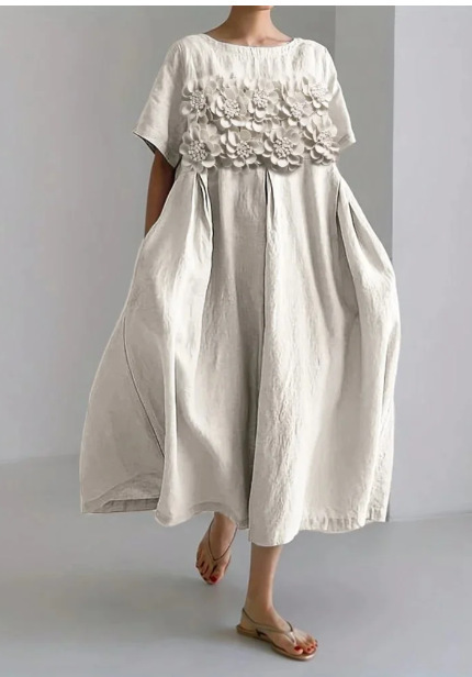 Women's Vintage Floral Print A-Line Midi Dress with U-Neck and Short Sleeves