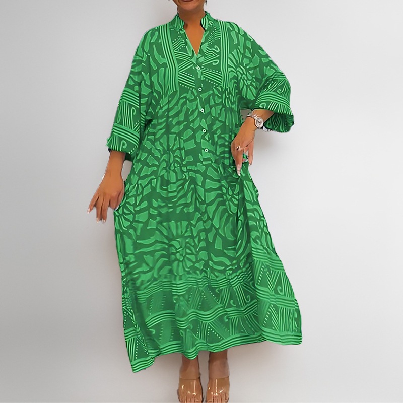 Floral Print Long Dress – Loose A-Line V-Neck Vacation Dress