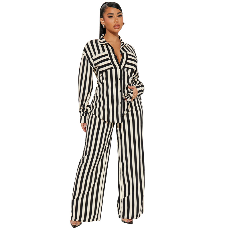 Women's Striped Button Shirt and Pants Set Casual Two-Piece Outfit