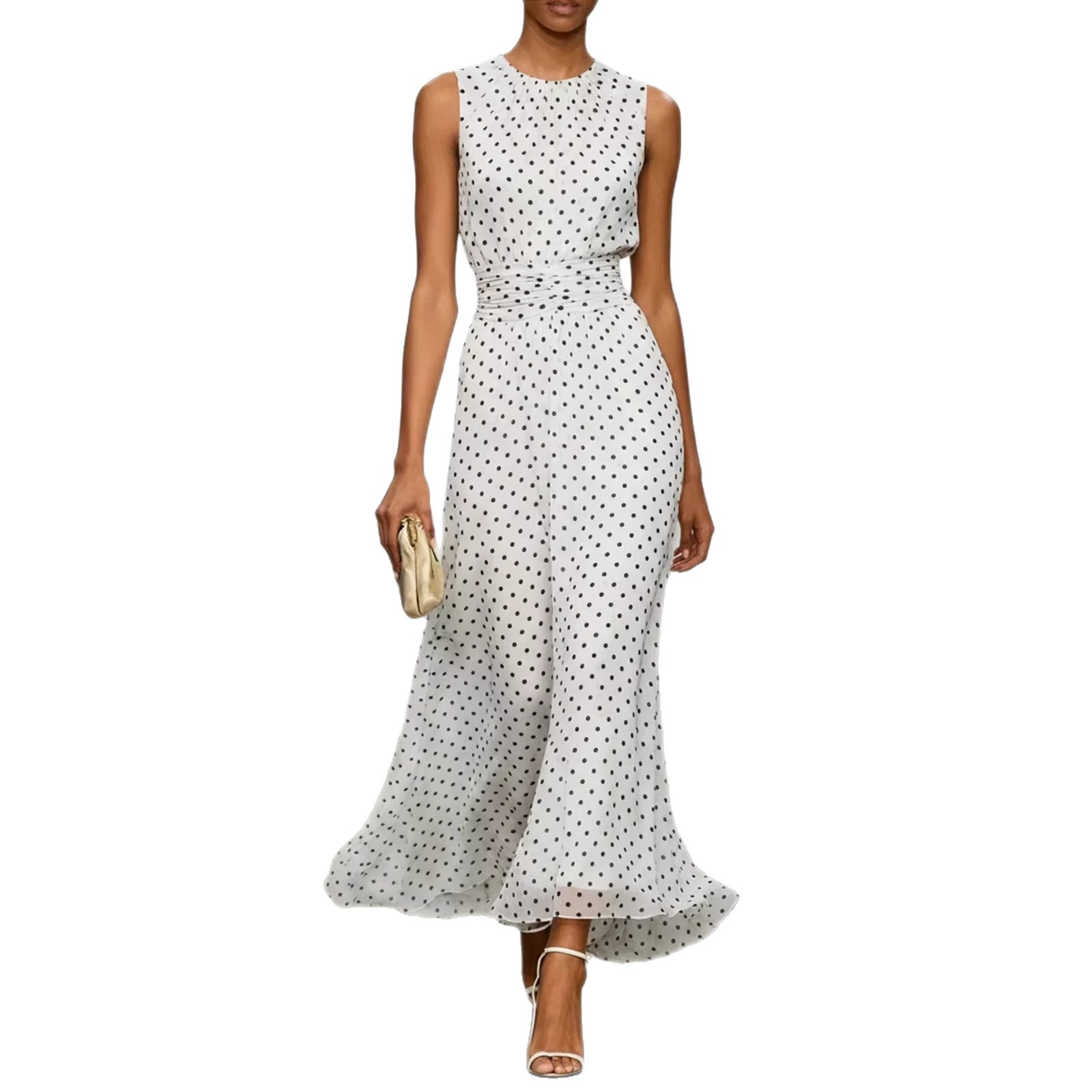 Women's Polka Dot Sleeveless A-Line Midi Dress with Cinched Waist