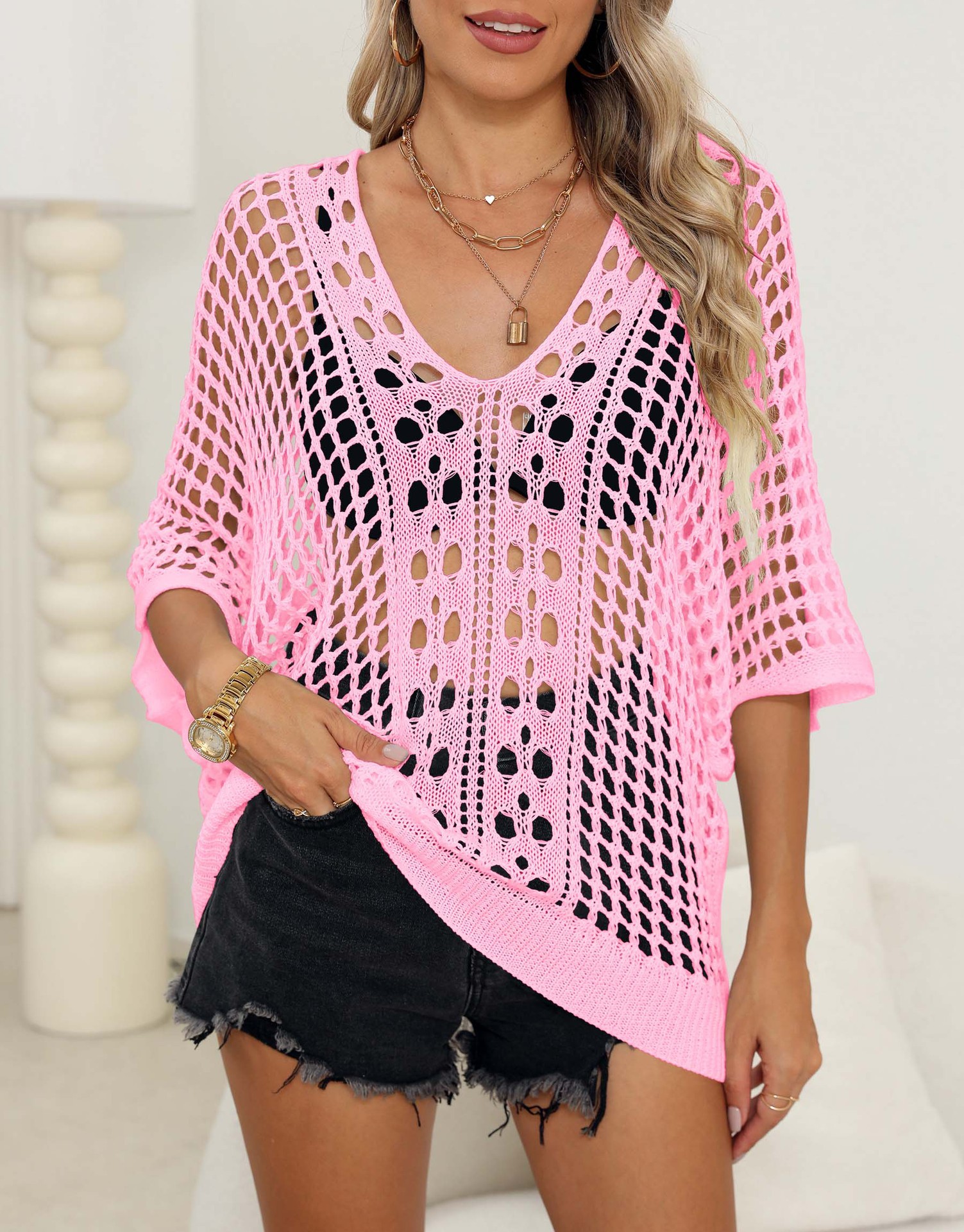 Women's Hollow-Out Batwing Sleeve Knit Top V-Neck Loose Fit