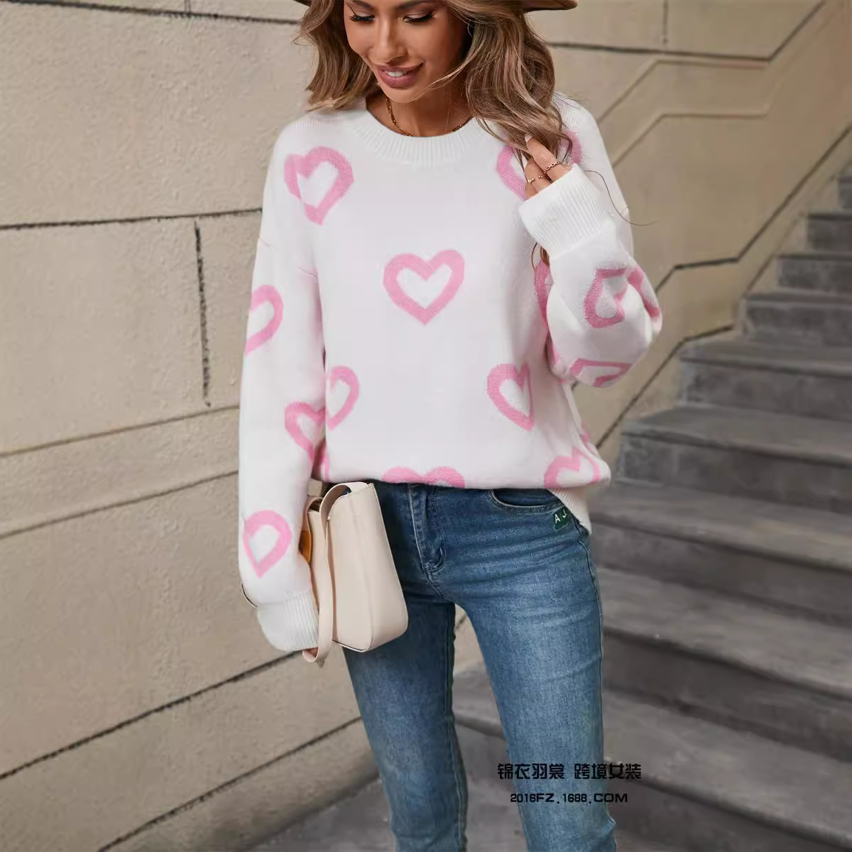 Heart Jacquard Crewneck Pullover Sweater
