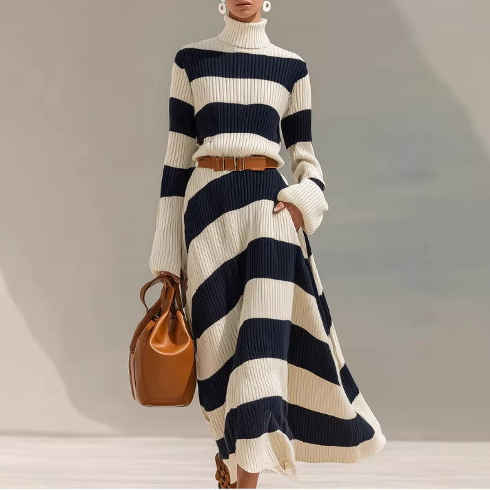 Navy and White Striped Long Sleeve Midi Dress