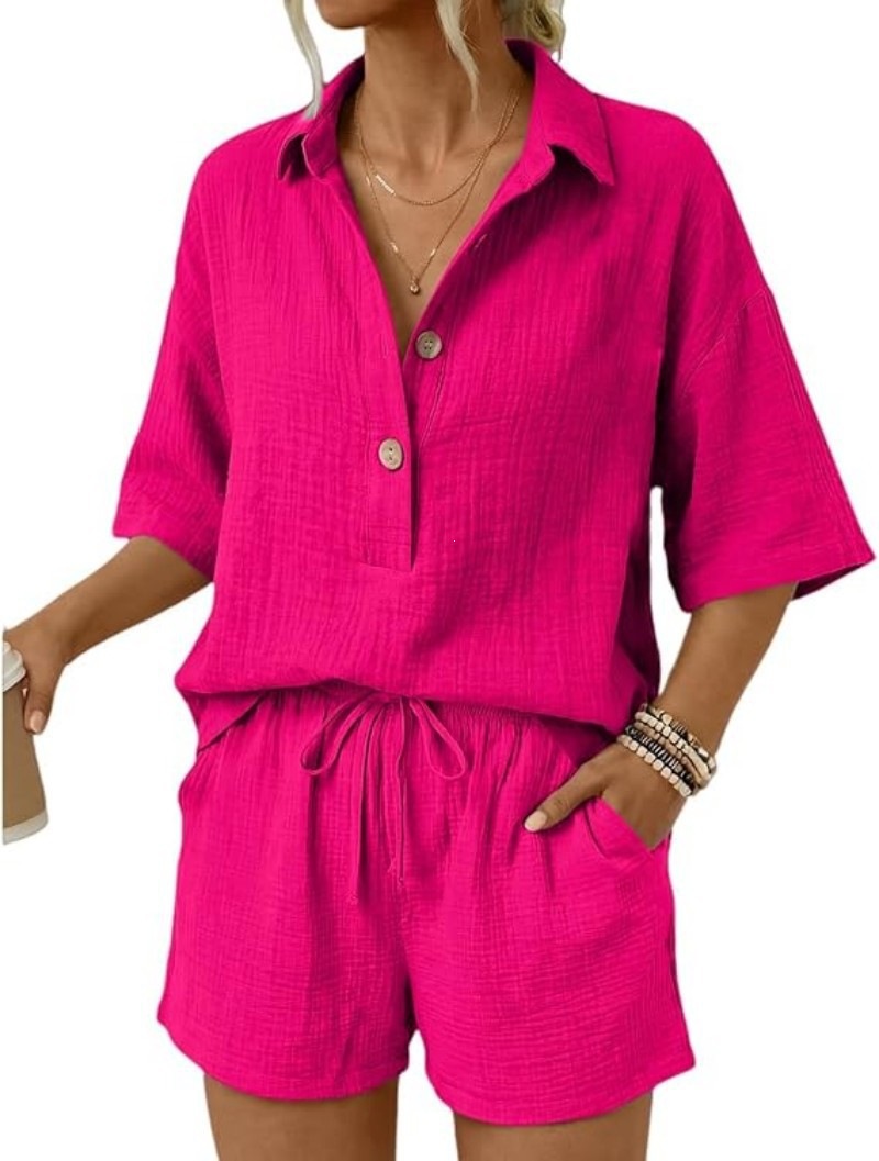 Solid Color Two-Piece Set Lightweight Short Sleeve Top with Pockets and High Waist Shorts
