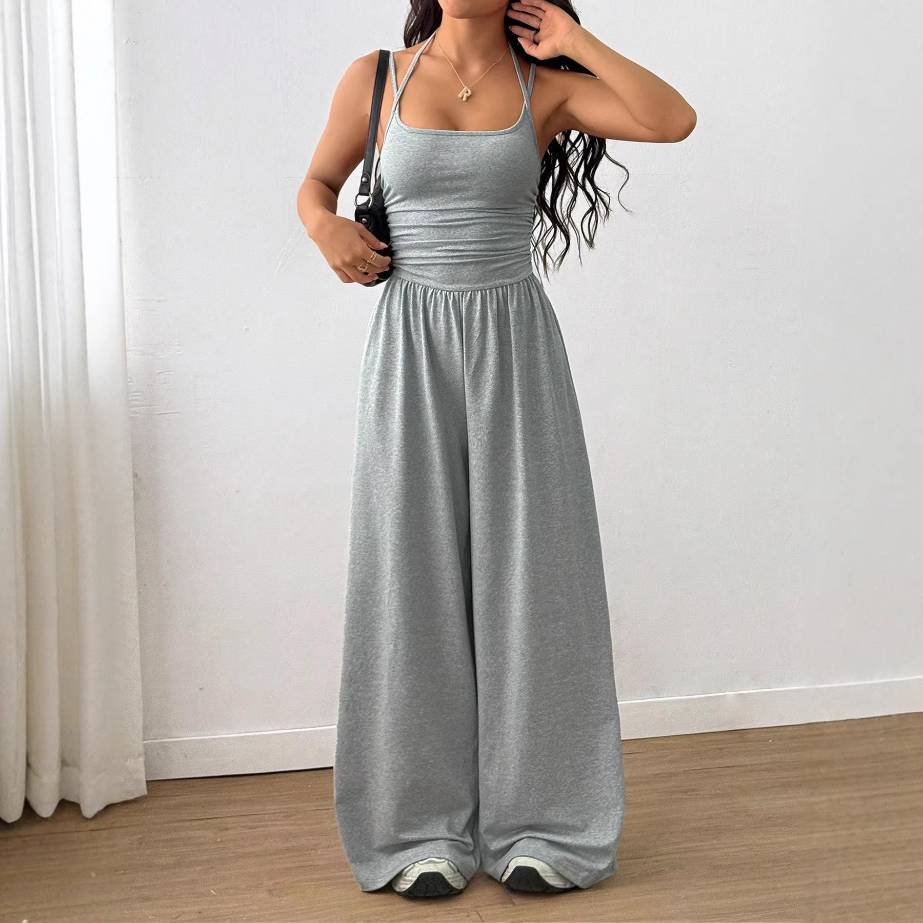 Solid Color Sleeveless Wide-Leg Jumpsuit with Cami Top