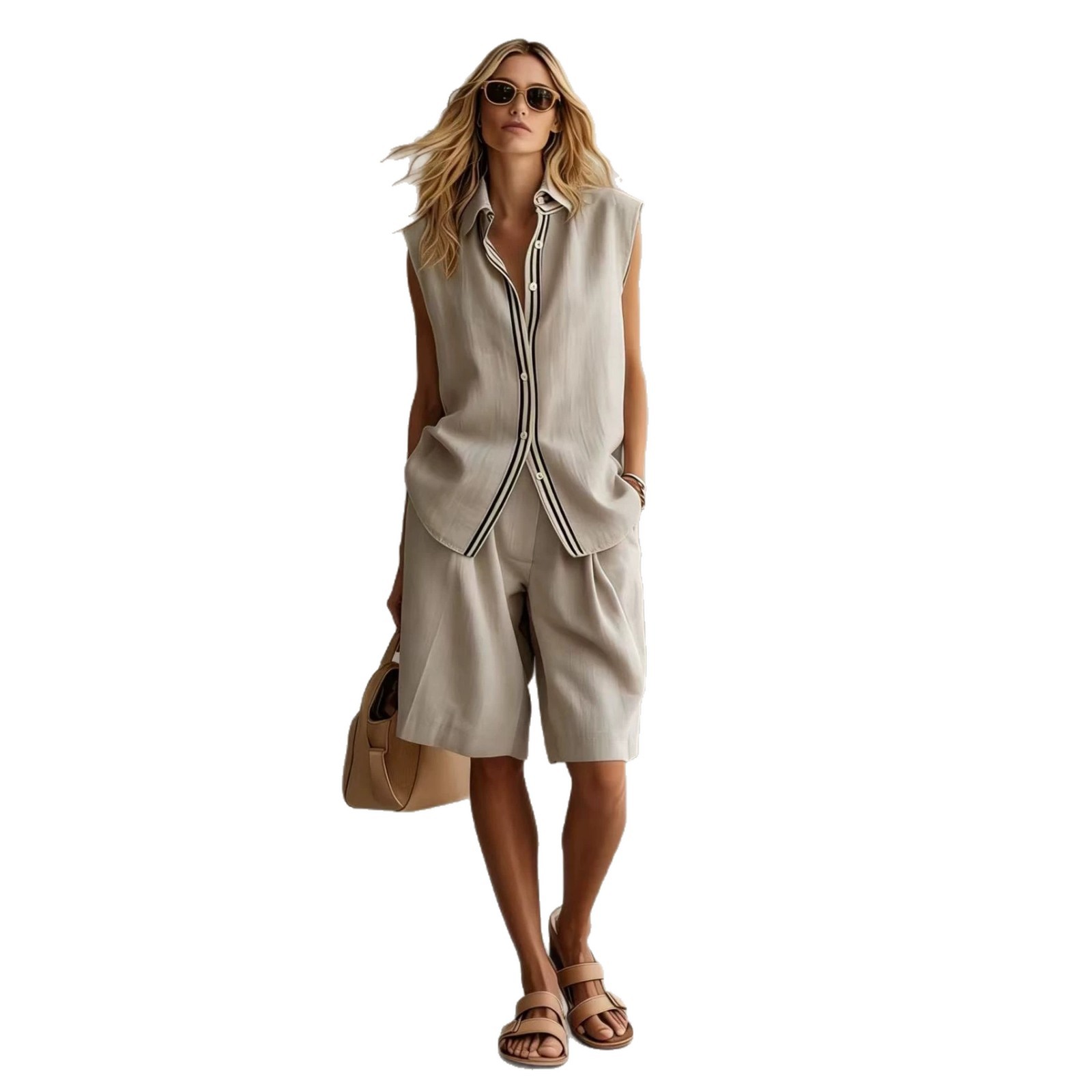 Women's Sleeveless Linen Shirt and Shorts Set Single-Breasted Solid Color