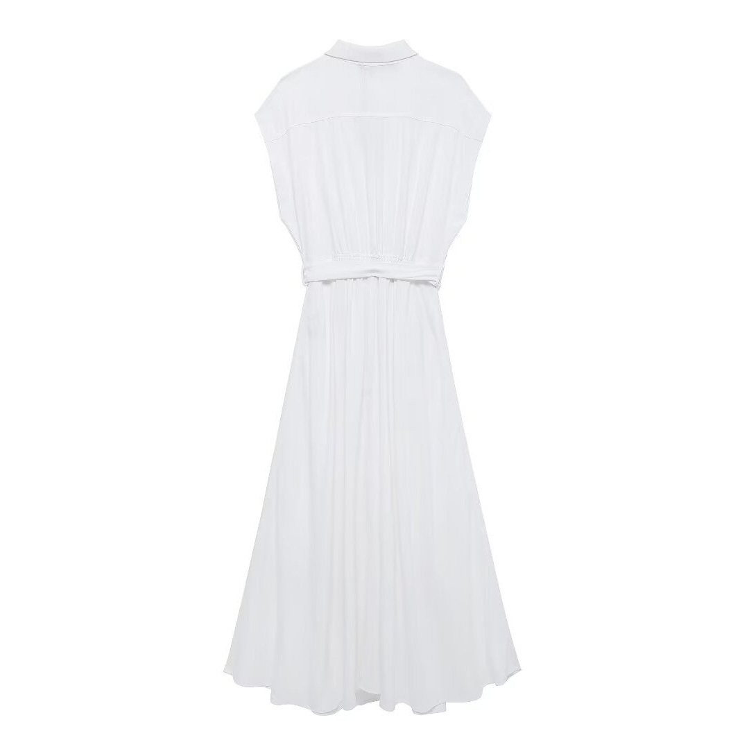 Women's Belted Shirt Dress V-Neck Short Sleeve A-Line Midi