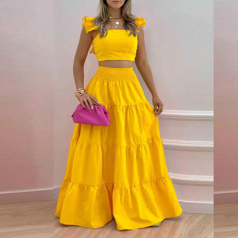 Women's Short Sleeve Top and Solid Midi Skirt Two-Piece Set