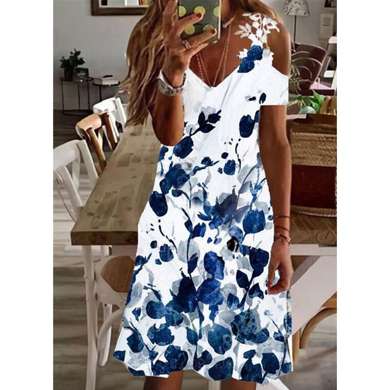 Women's Floral Print Off-Shoulder Lace Short Sleeve Dress
