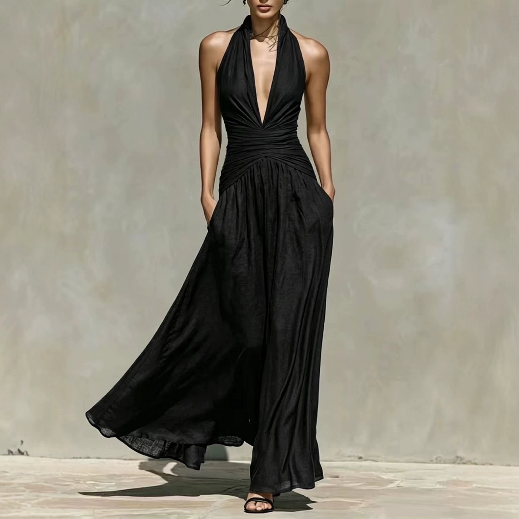 Women's Halter Deep V-Neck Sleeveless High-Waist Slimming Long Dress