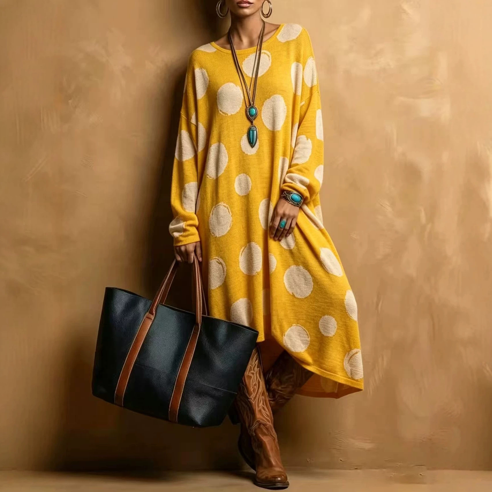 Retro American Polka Dot Print Loose A-Line Long Sleeve Round Neck Dress