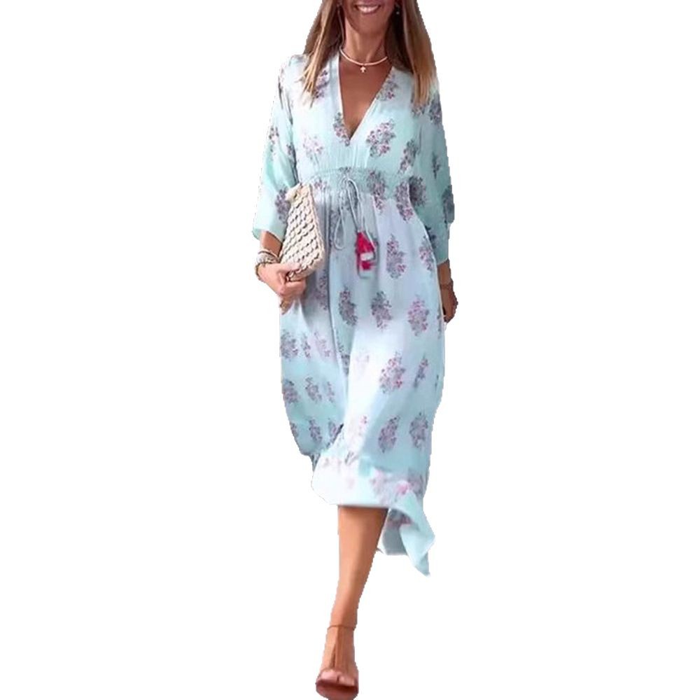 Women's Casual Floral Print V-Neck Long Sleeve Maxi Dress