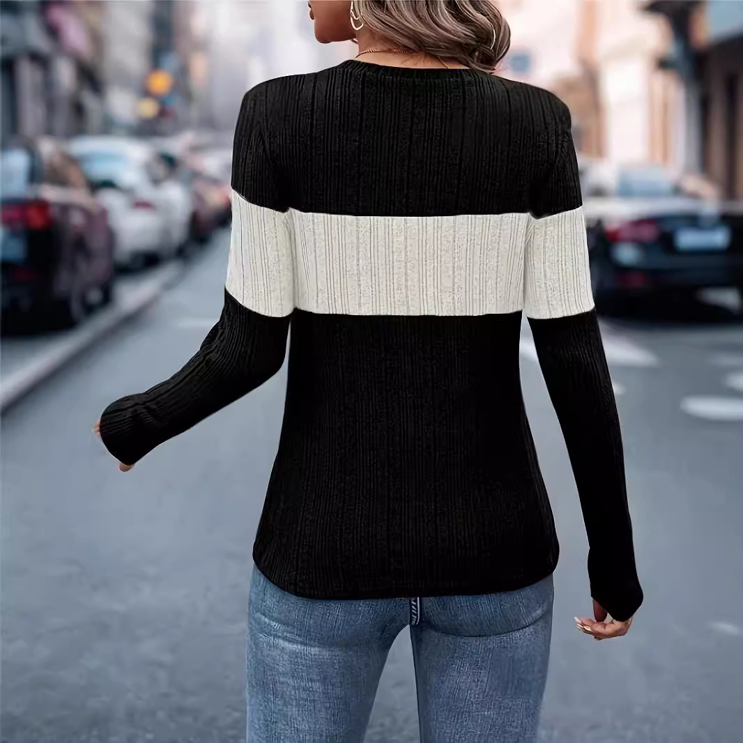 Women's Color-Block Long-Sleeve Slim Knit Top