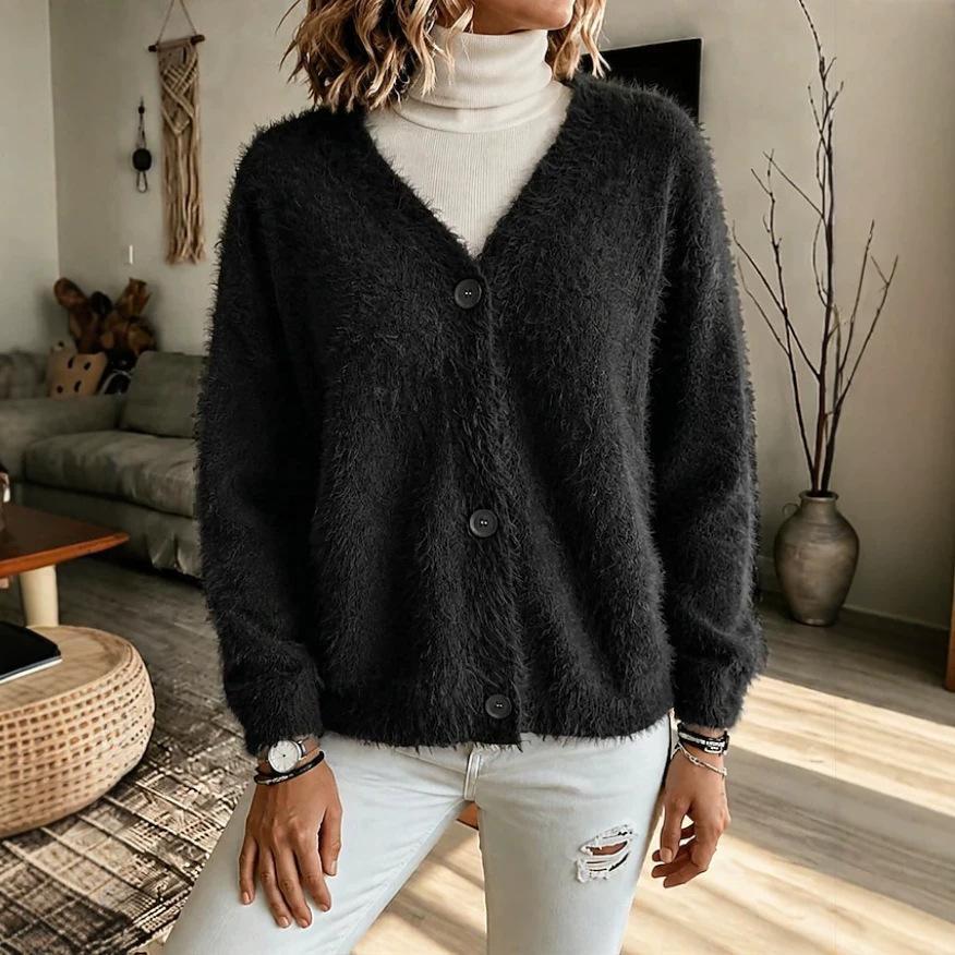 Faux Mink Knit Cardigan V-Neck Loose Long Sleeve Sweater Coat