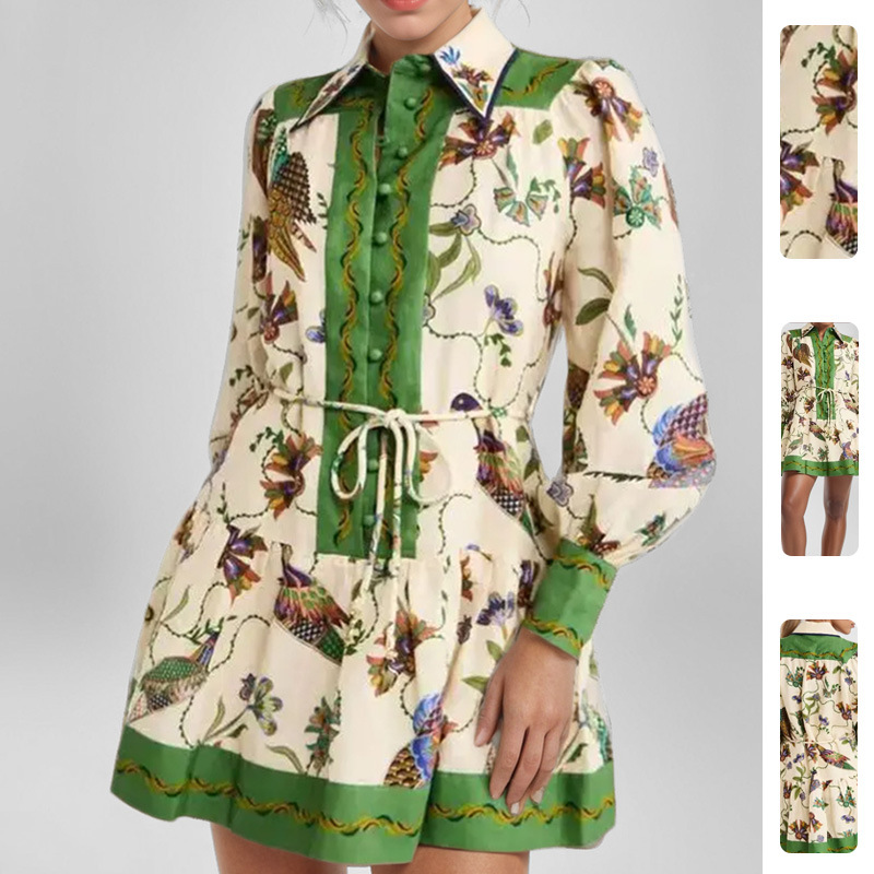 Women's Long Sleeve Shirt and Pleated Skirt Printed Two-Piece Set