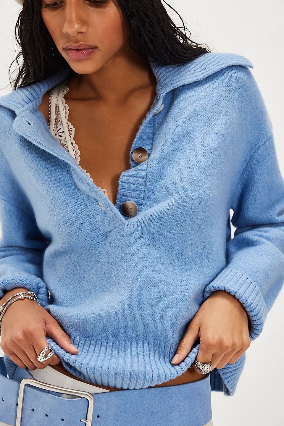 Women's Twist-Button V-Neck Knit Sweater
