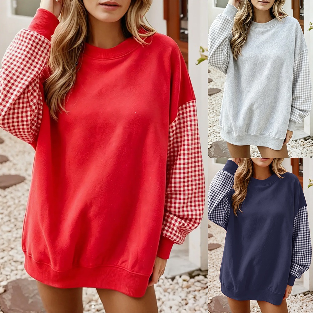 Women's Loose Crewneck Colorblock Plaid Long-Sleeve Sweatshirt