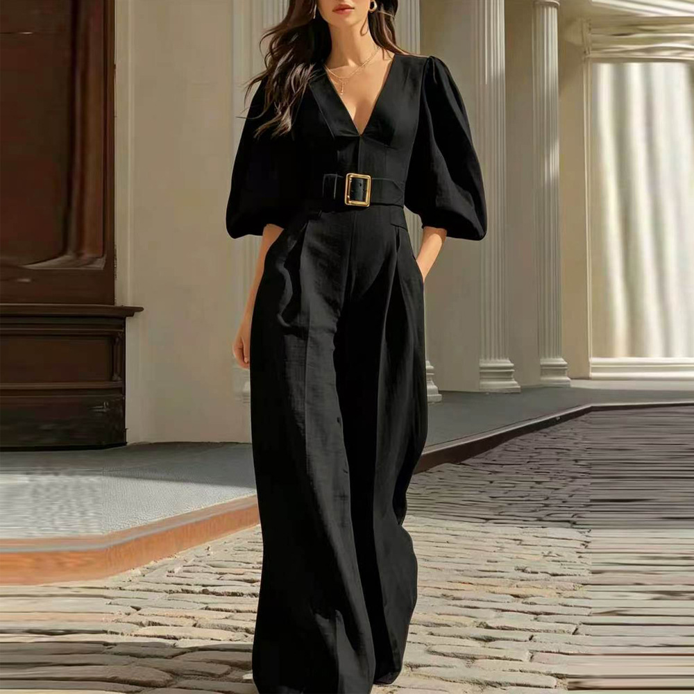 Women's Casual Solid Deep V-Neck Loose Jumpsuit