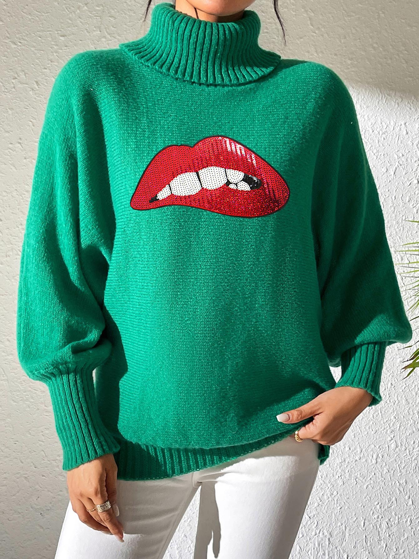 Women's Sequin Embroidered Cartoon Lips Turtleneck Pullover Sweater
