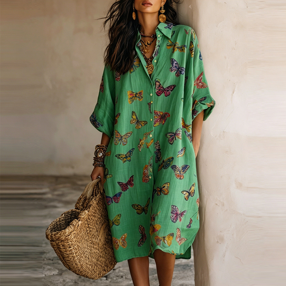 Butterfly Print V-Neck Midi Dress with Three-Quarter Sleeves