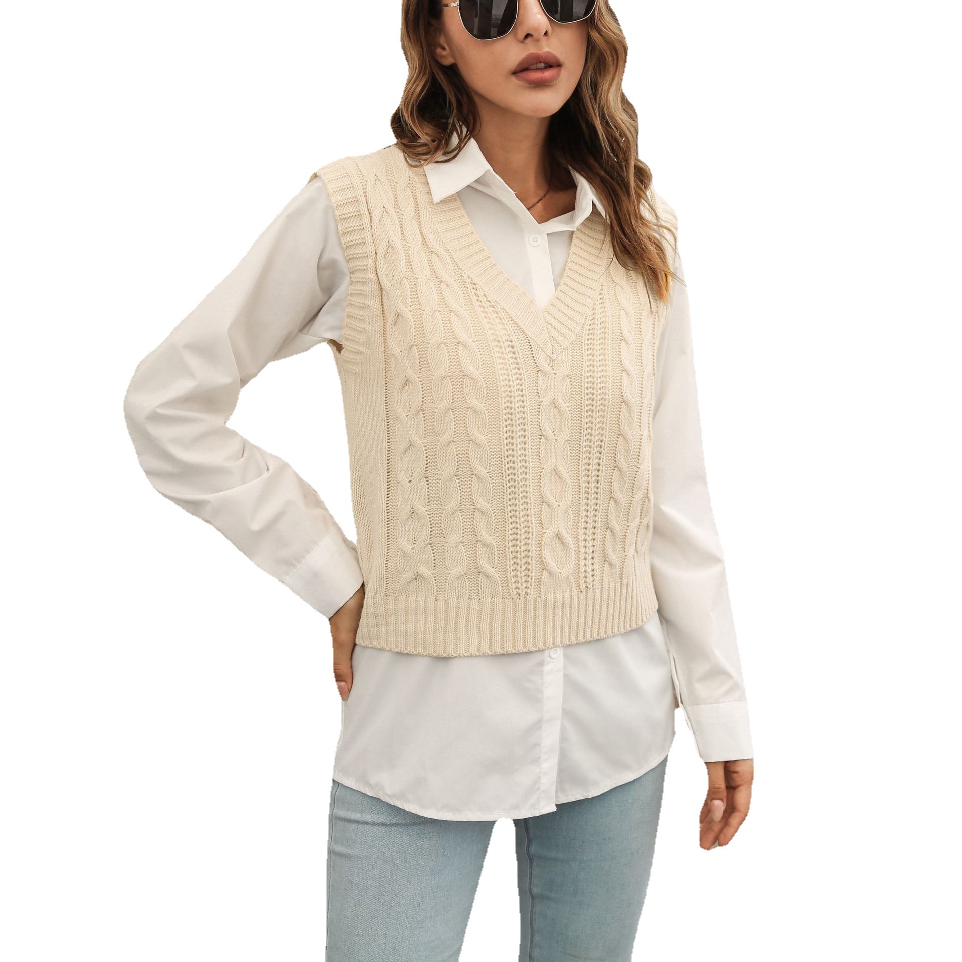 Cable-Knit Sweater Vest for Women V-Neck Sleeveless Knit Top