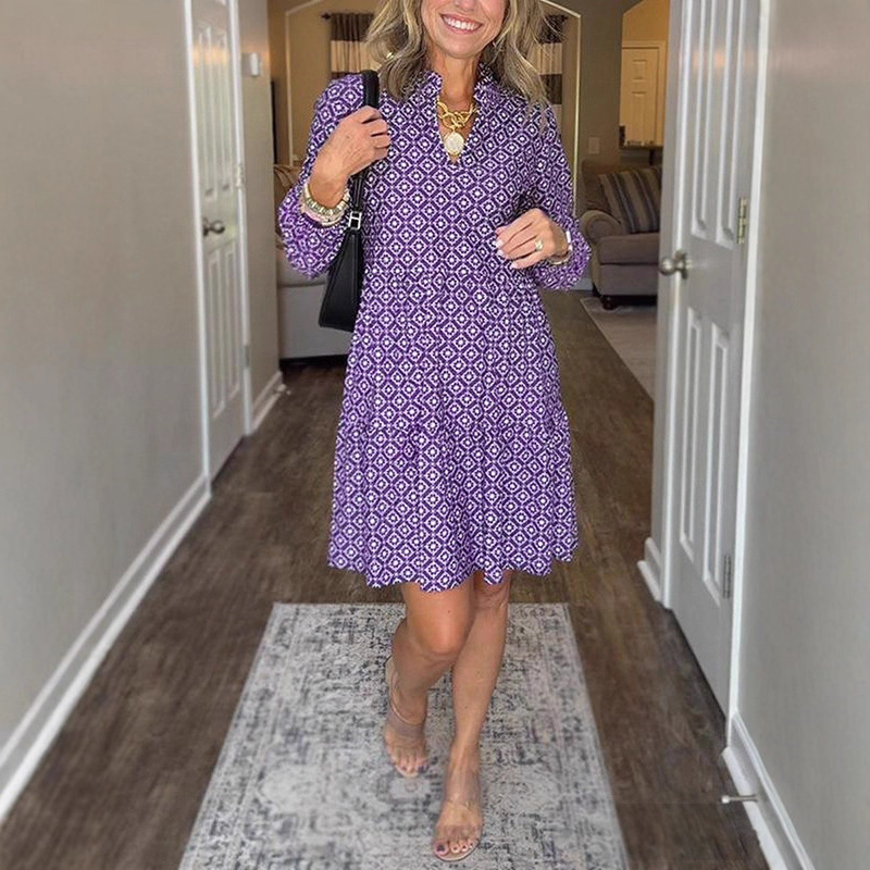V-Neck Three-Quarter Sleeve Diamond Print A-Line Dress