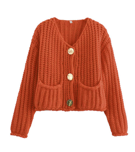 Women's Solid Color Single-Breasted Cropped Chunky Knit Cardigan Sweater