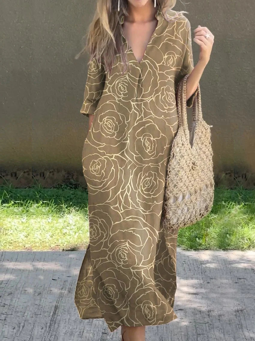 Women's Casual V-Neck Slit Printed Linen-Look Midi Dress