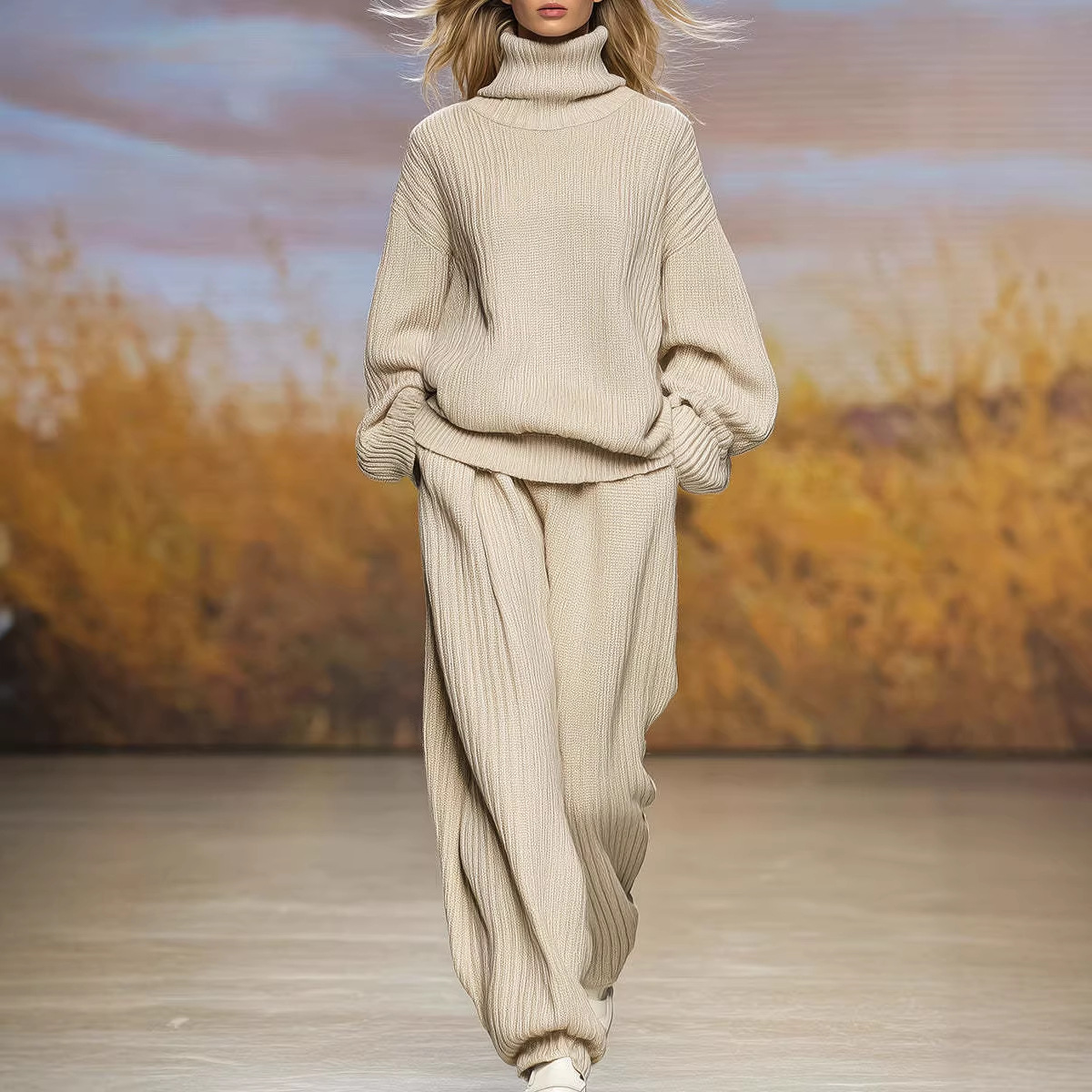 Women's Casual Knit Turtleneck Wide-Leg Pants Set