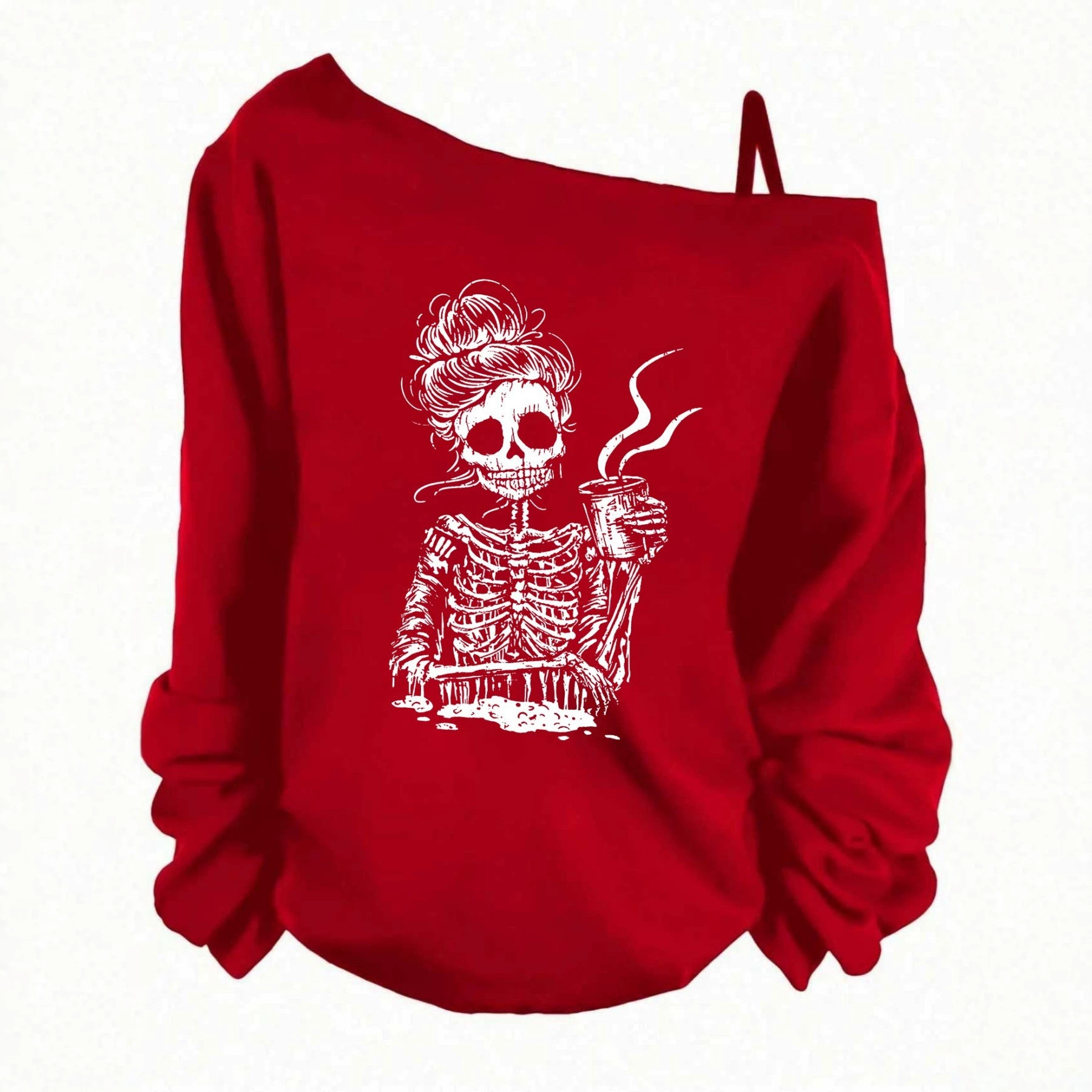 Women's One-Shoulder Long-Sleeve Loose Vintage Sweatshirt with Graphic Print