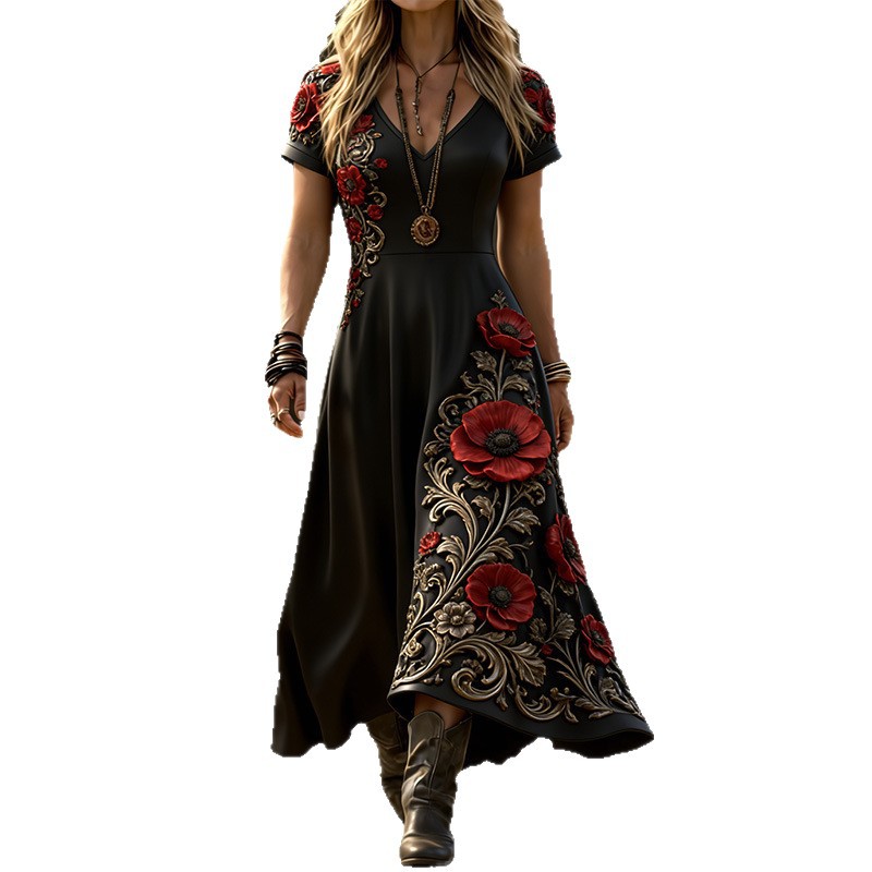 Women's Floral Print Ruched Midi Dress V-Neck Sleeveless