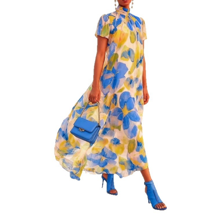 Women's Boho Floral Midi Dress Smocked Flowy Beach Dress