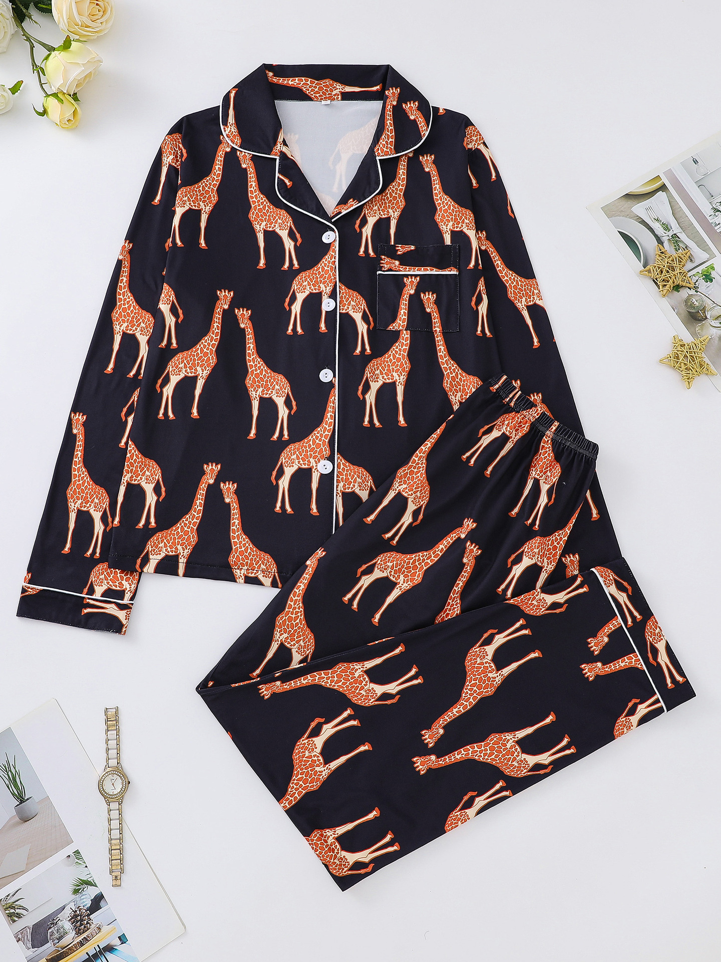 Cuban Collar Animal Print Women's Pant Set
