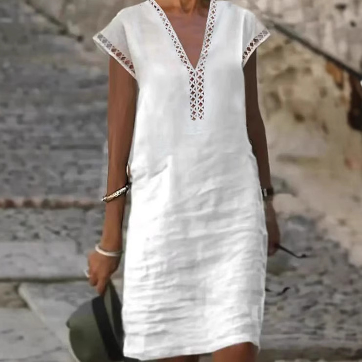 Women's Solid Cutout V-Neck Short Sleeve Casual Dress