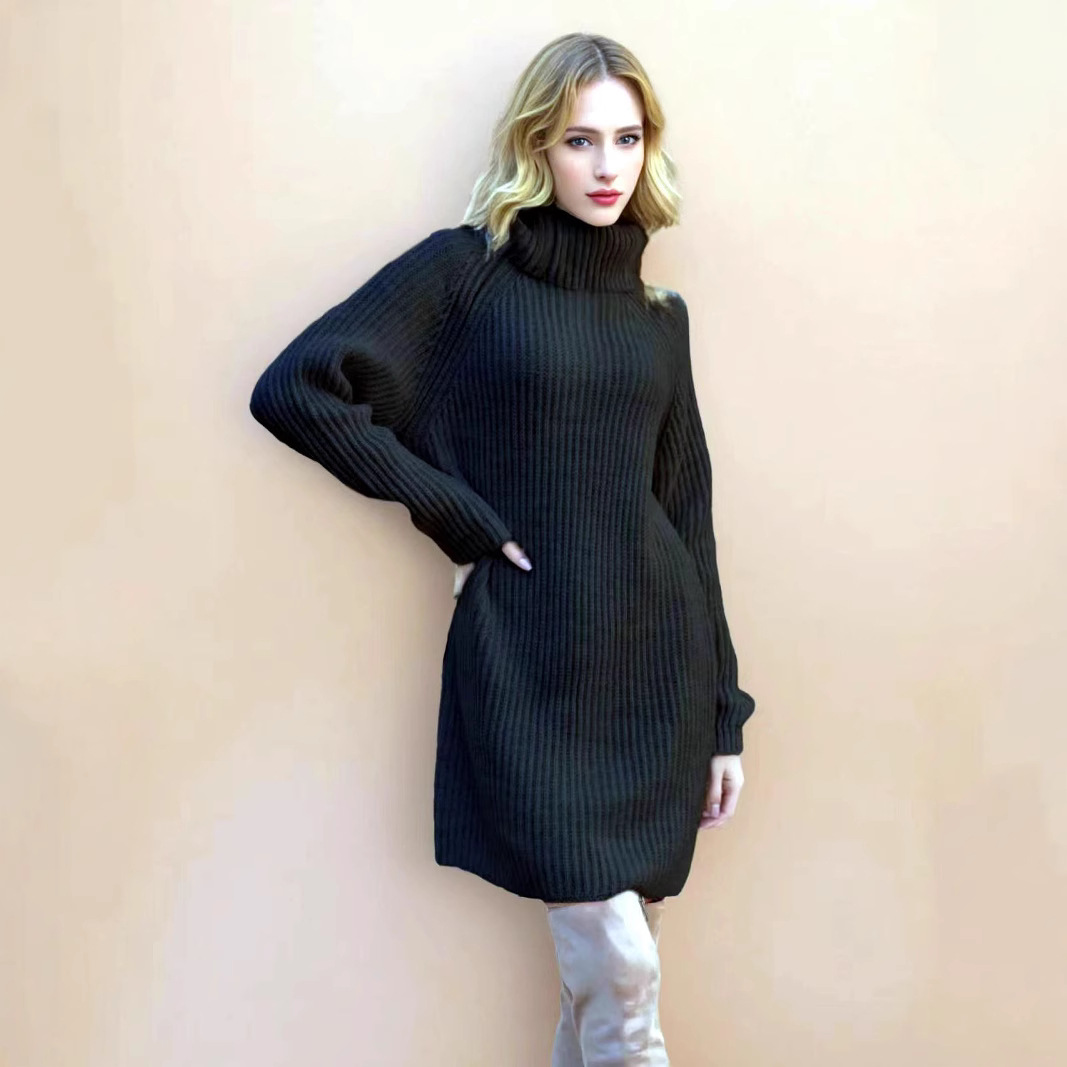 Women's High Neck Knit Long Straight Dress Lazy Style