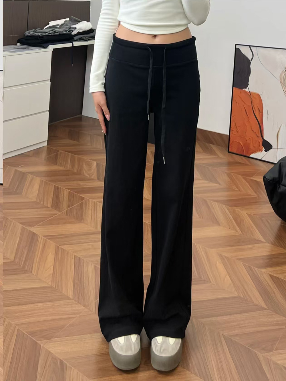 Cozy Straight-Leg Knit Pants with Drape, High Waist, Drawstring, Dark Gray/Light Gray/Black