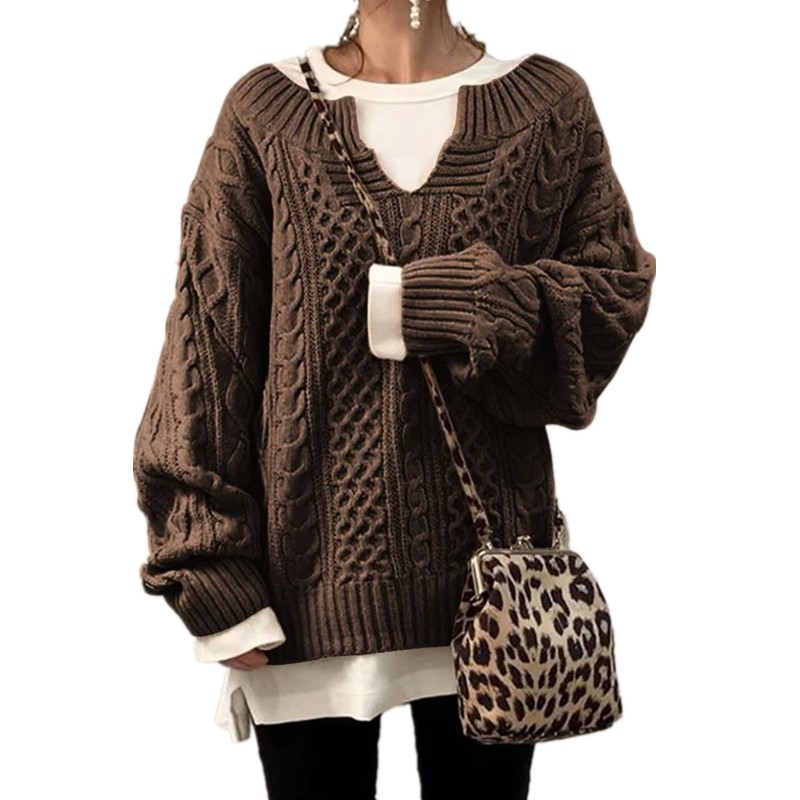 Women's Cable Knit V-Neck Sweater Loose Fit Long Sleeve Pullover