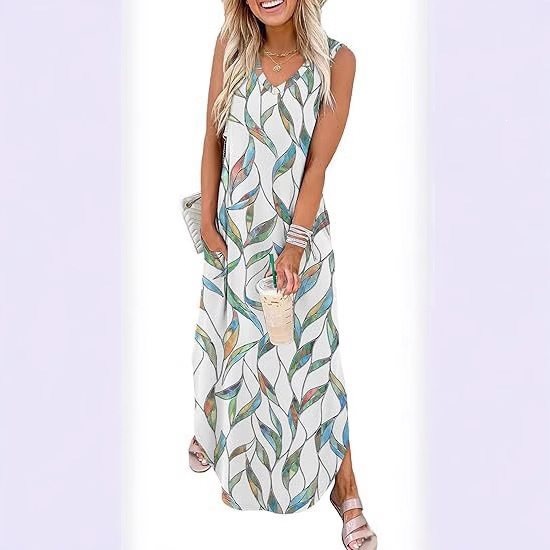 Women's Sleeveless V-Neck Maxi Dress with Pockets for Beach Vacation