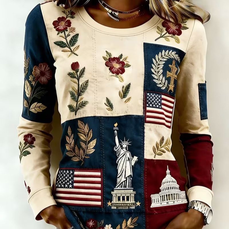 Women's Floral Plaid Print Crewneck Pullover Sweatshirt