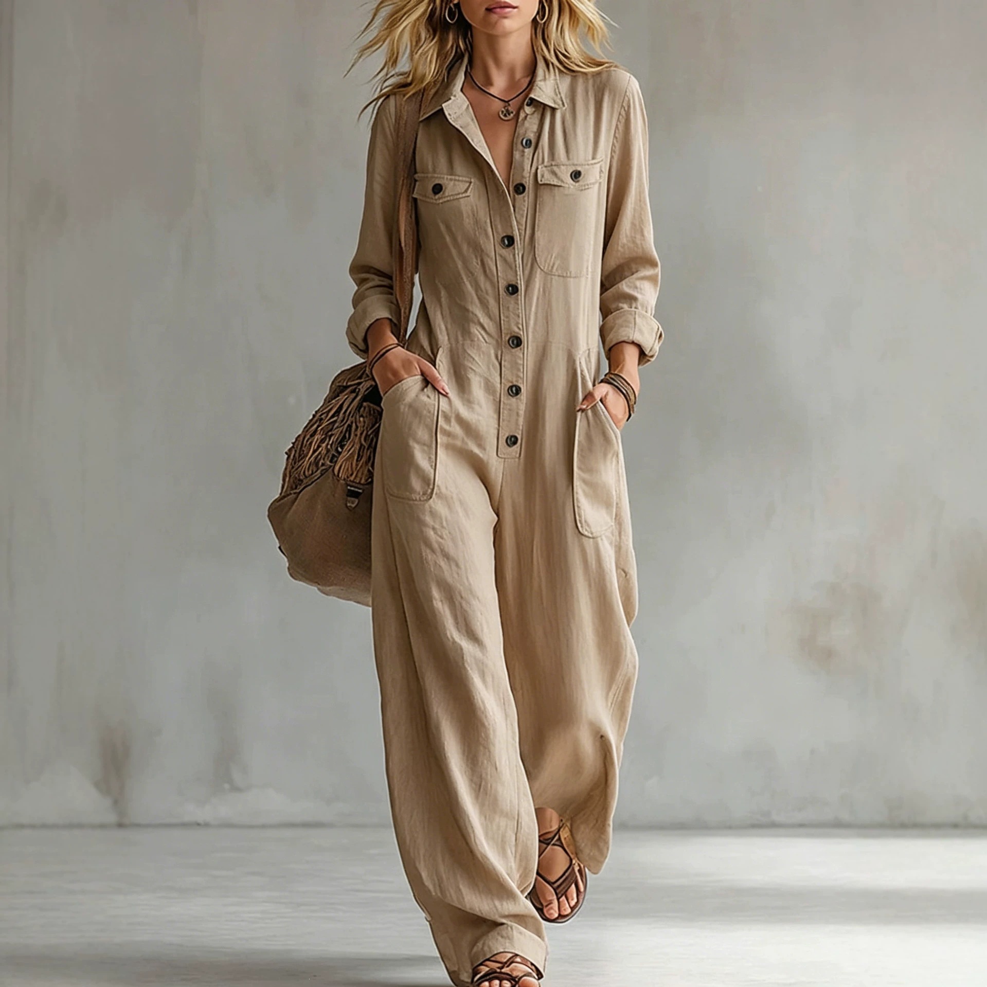 Women's Linen-Blend Cargo Jumpsuit with Collar, Long Sleeve, Wide Leg, Loose Fit