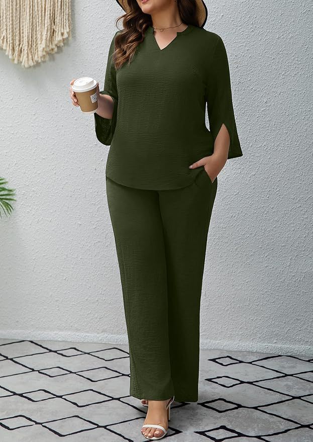 Women's Solid Color Two-Piece Set with Three-Quarter Sleeve Top and Wide-Leg Pants