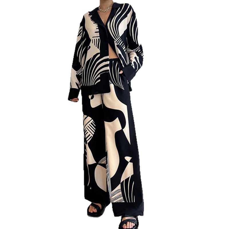 Women's Printed Colorblock Wide-Leg Pants Set Casual Two-Piece