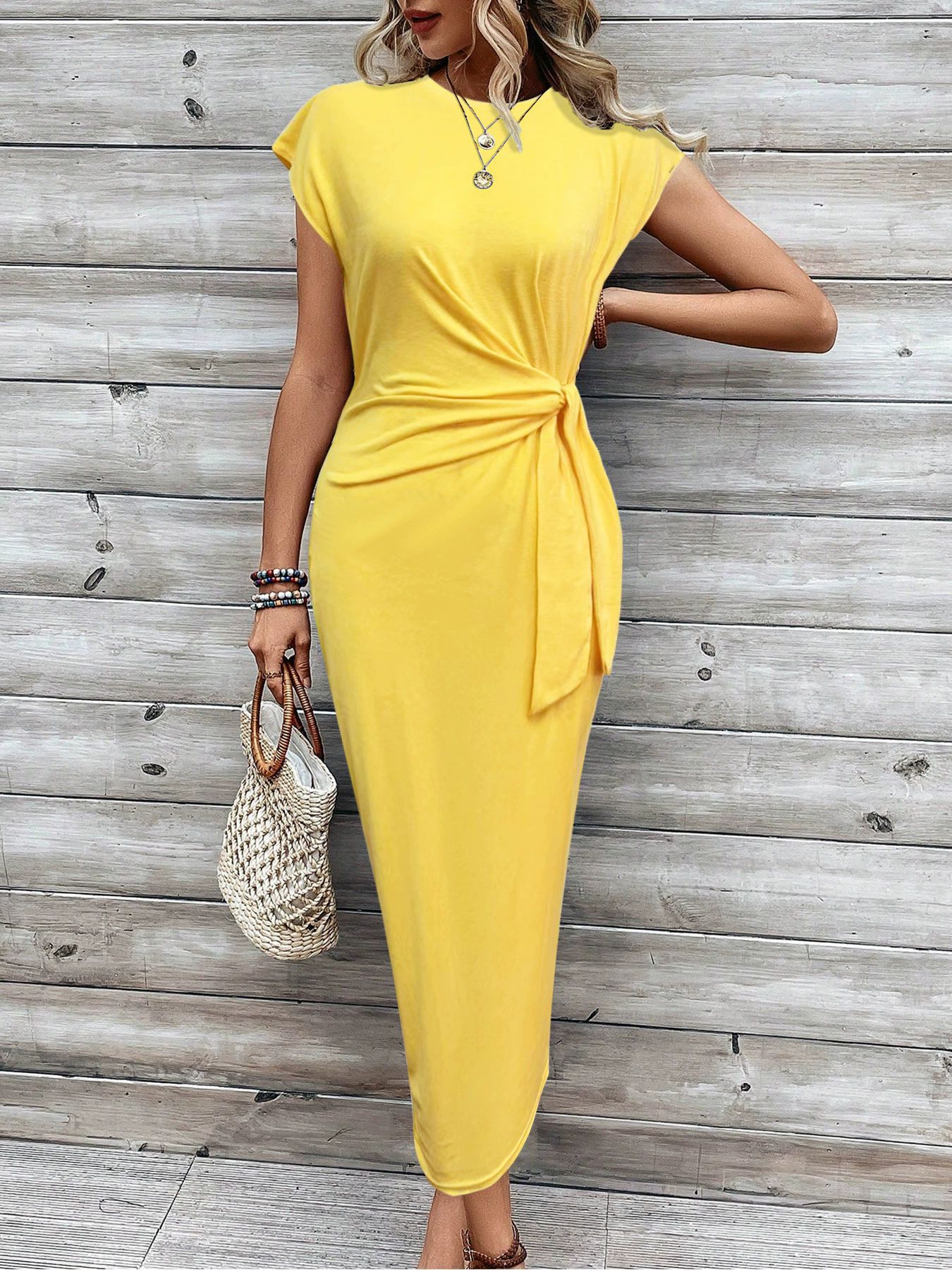 Elegant Striped Round Neck Short Sleeve Long Dress with Waist Tie